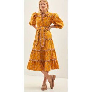 CELIAB Size LargeTiered Corduroy Midi Dress In Yellow $440 MSRP NEW